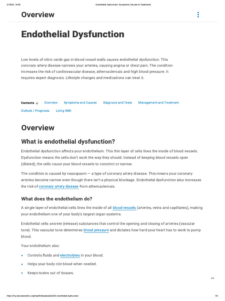 Endothelial Dysfunction - Symptoms, Causes & Treatments | PDF