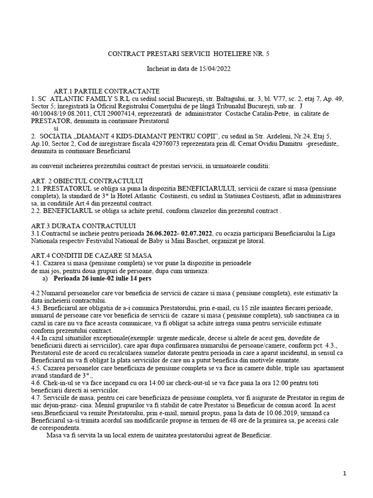 Contract Prestari Servicii Hoteliere | PDF