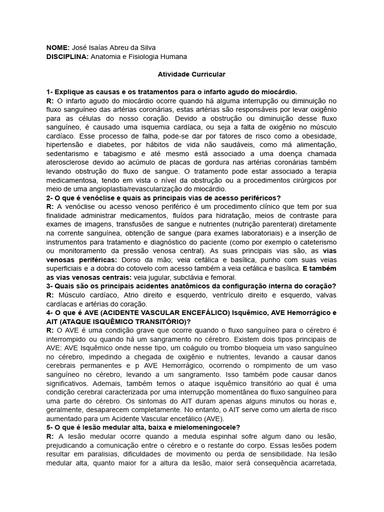 Atividade Complementar De Anatomia Pdf Pdf Coração Avc