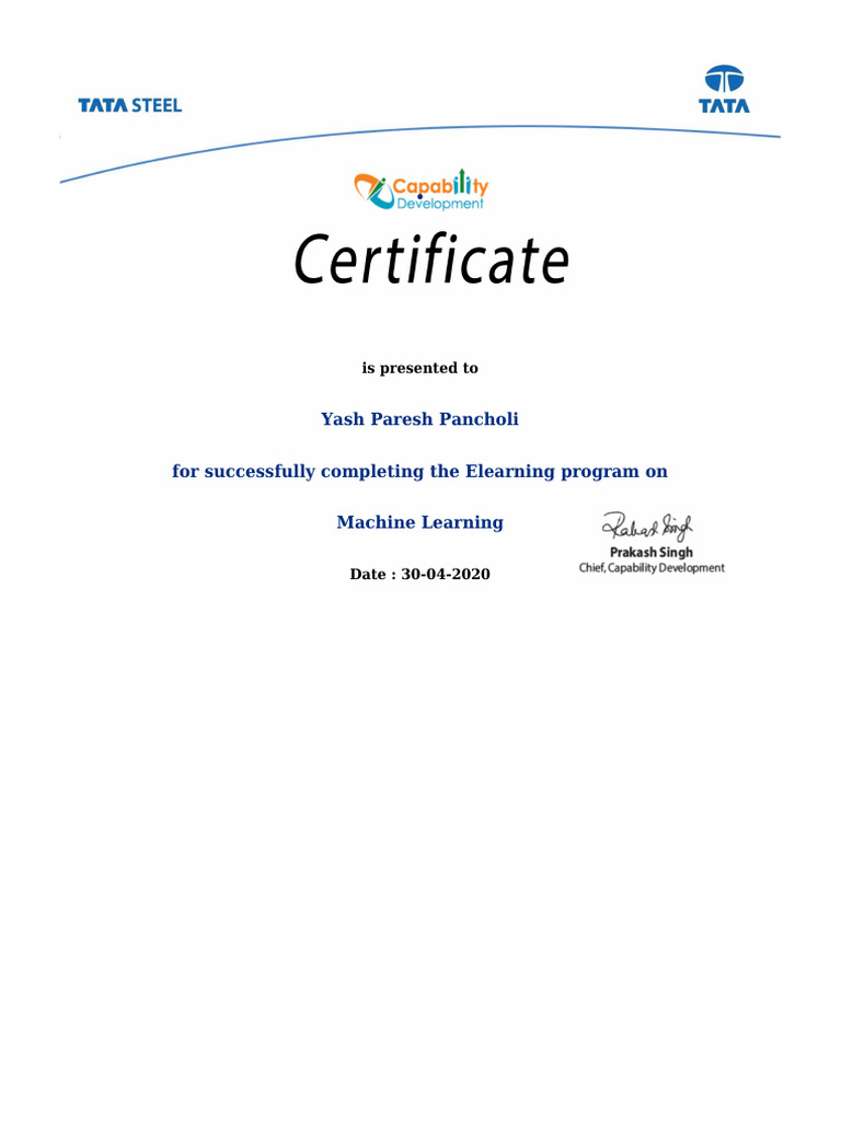 Certificate of Completion: Machine Learning | PDF