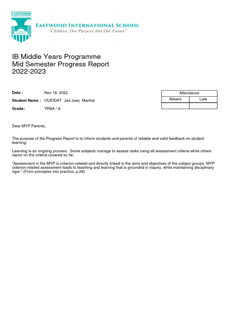 IB Middle Years Programme Mid Semester Progress Report 2022-2023 | PDF ...