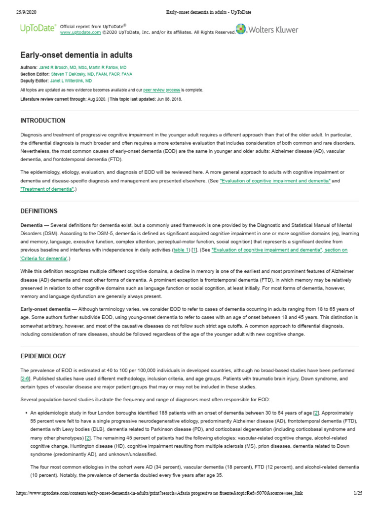 Early-Onset Dementia in Adults - UpToDate | PDF | Dementia | Alzheimer ...