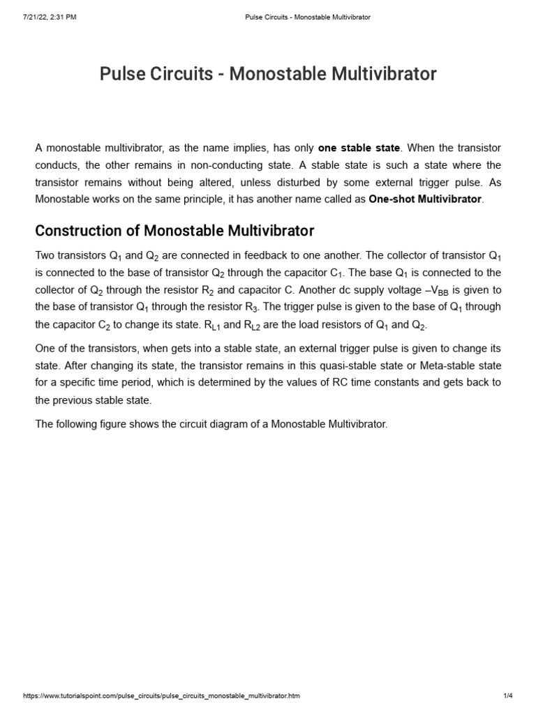 Pulse Circuits - Monostable Multivibrator | PDF | Analog Circuits ...