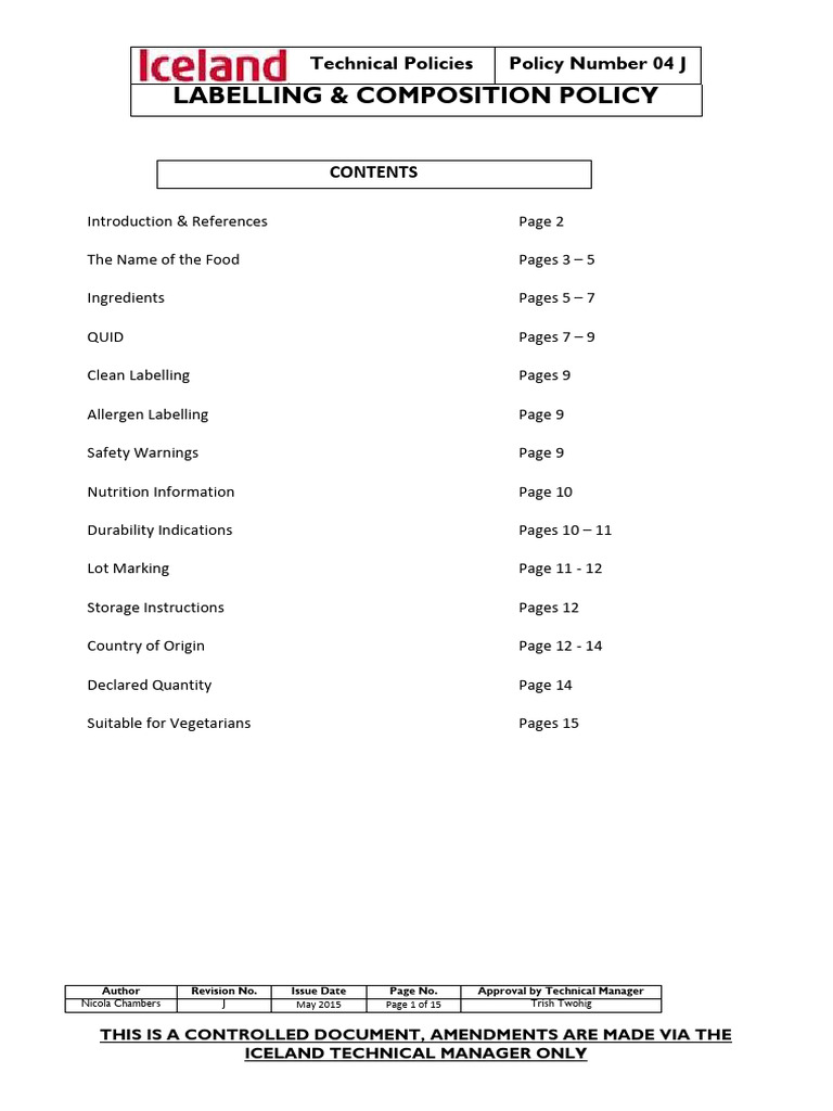 Iceland Labelling & Composition Policy | PDF | Meat | Beef