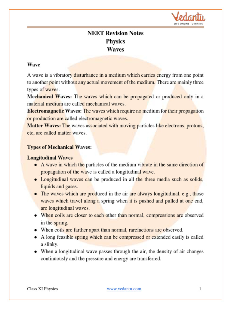 Revision Notes On Waves For NEET 2023 - Free PDF Download | PDF | Waves ...