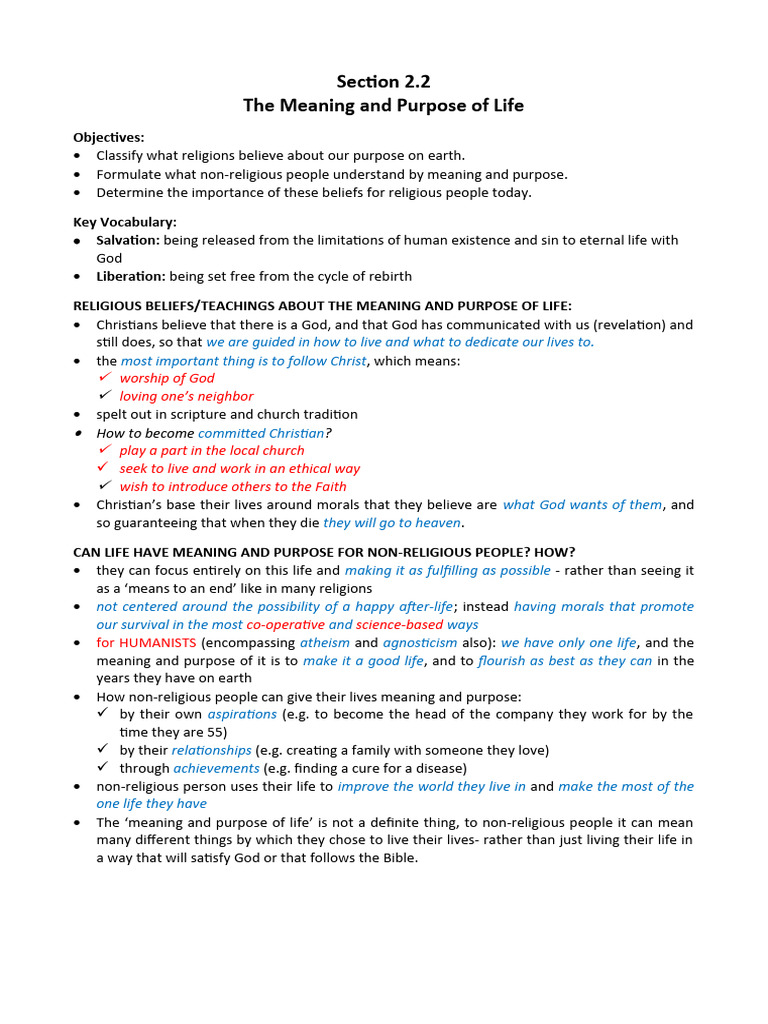 Revision notes on section 2 2 the meaning and purpose of life pdf