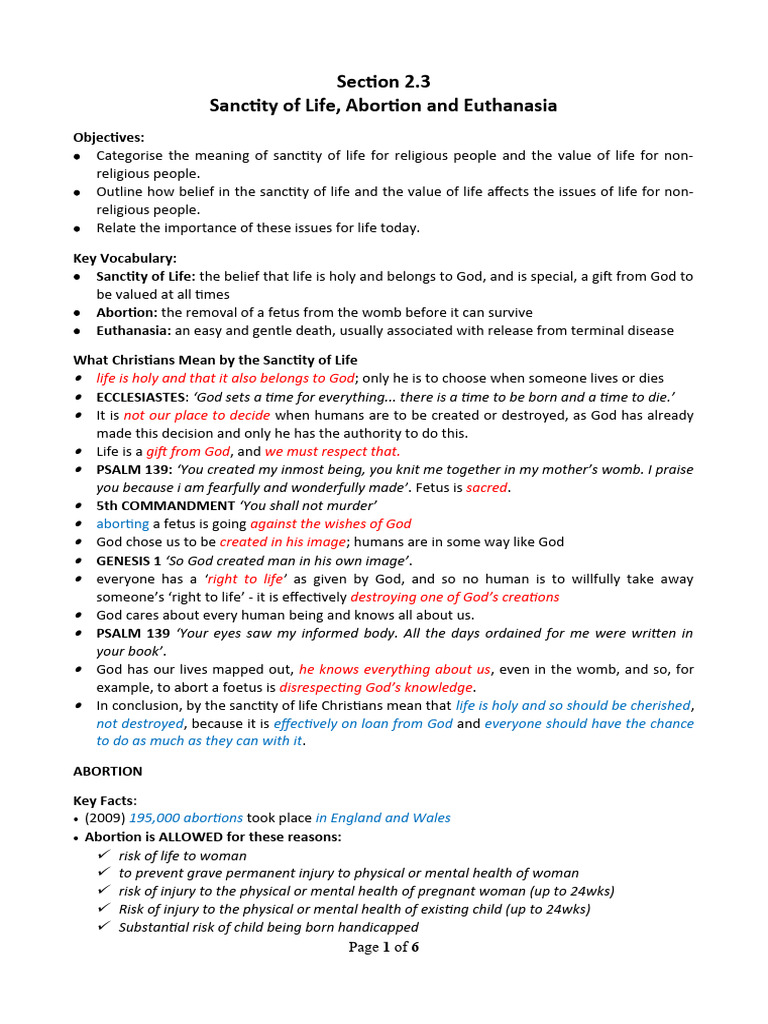 Revision Notes On Section 2.3 - The Sanctity of Life, Abortion and ...