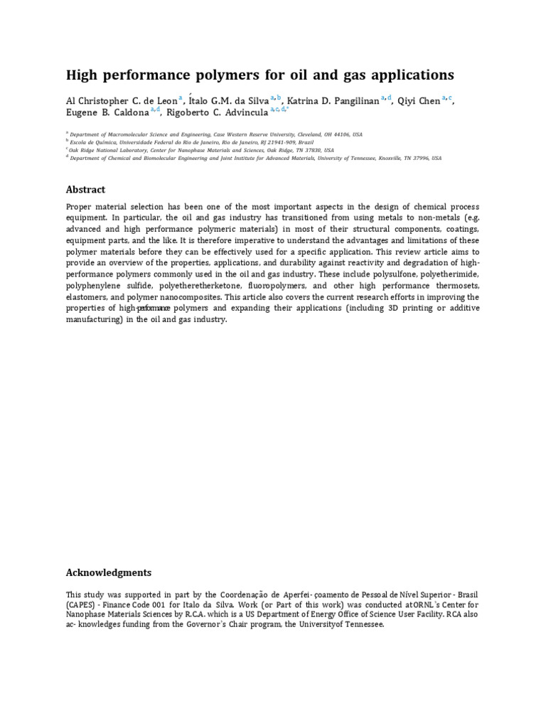 High Performance Polymers For Oil and Gas Applications | PDF | Polymers ...