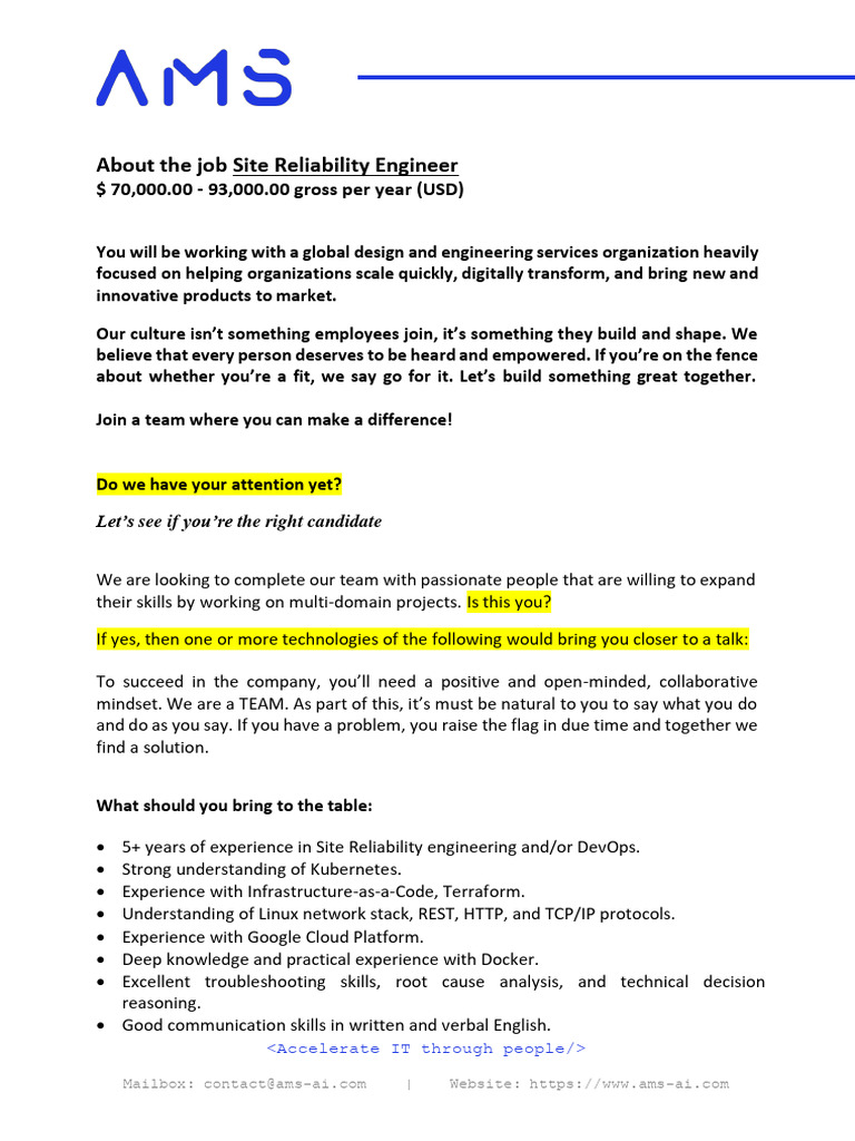 Site Reliability Engineer Positions Available | PDF | Computing ...