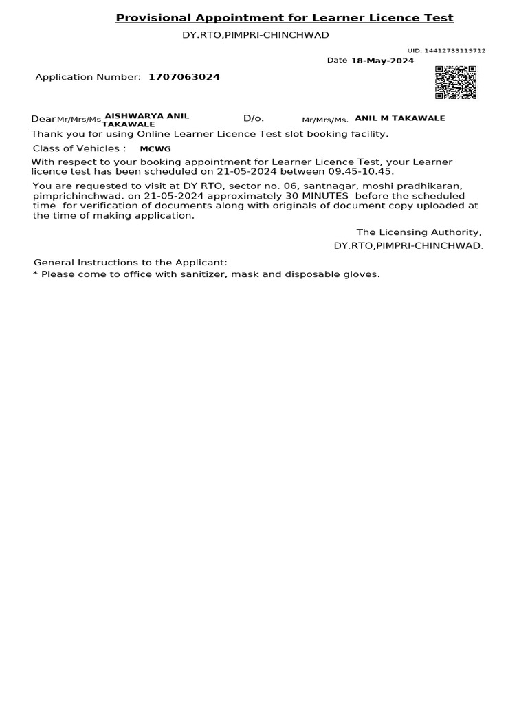 Learner Licence Test Appointment Details | PDF