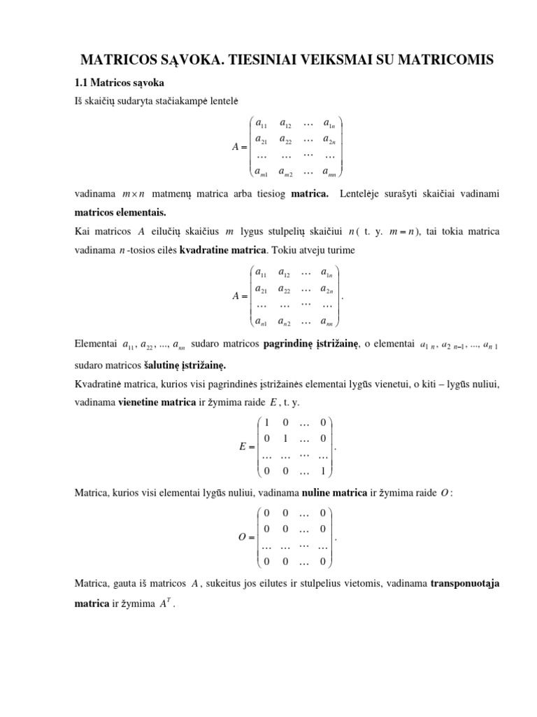 Teorija Ir Pavyzdžiai Matricos Sąvoka Tiesiniai Veiksmai Su Matricomis ...