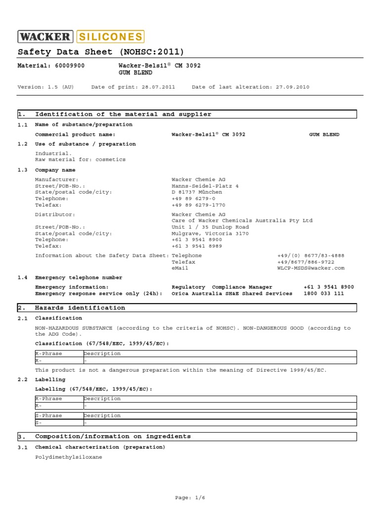 CM 3092 Silicone PDF Dangerous Goods Toxicity