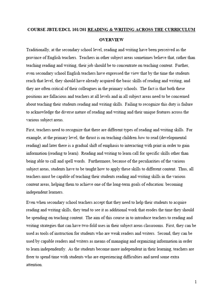 EDCL 101 201 Reading Writing Across The Curriculum Course Outline | PDF ...