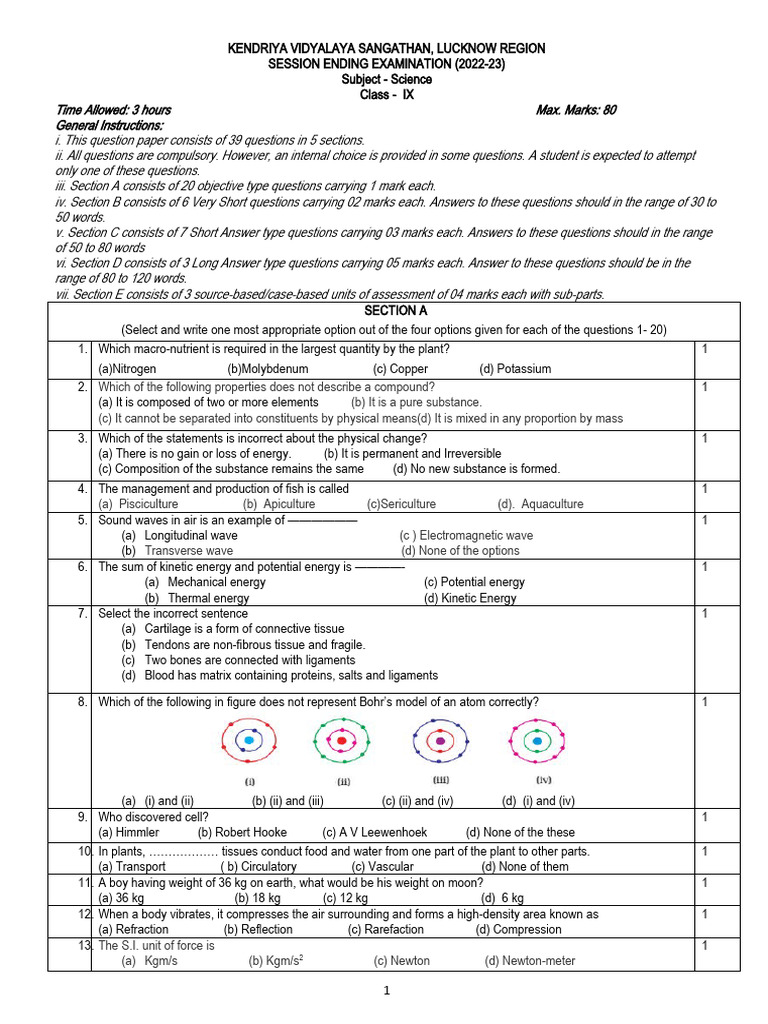 IX Science QP | PDF | Weight | Cell Membrane