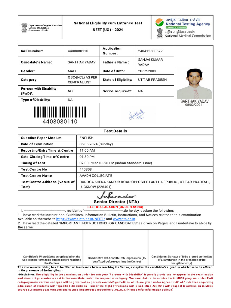 Admit Card Neet 2024 | PDF | Identity Document