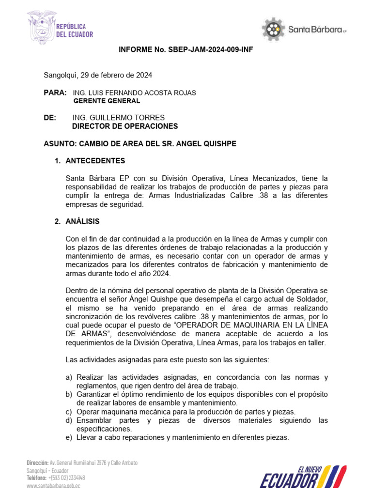 Informe 009 Solicitud Personal Angel Quishpe | PDF