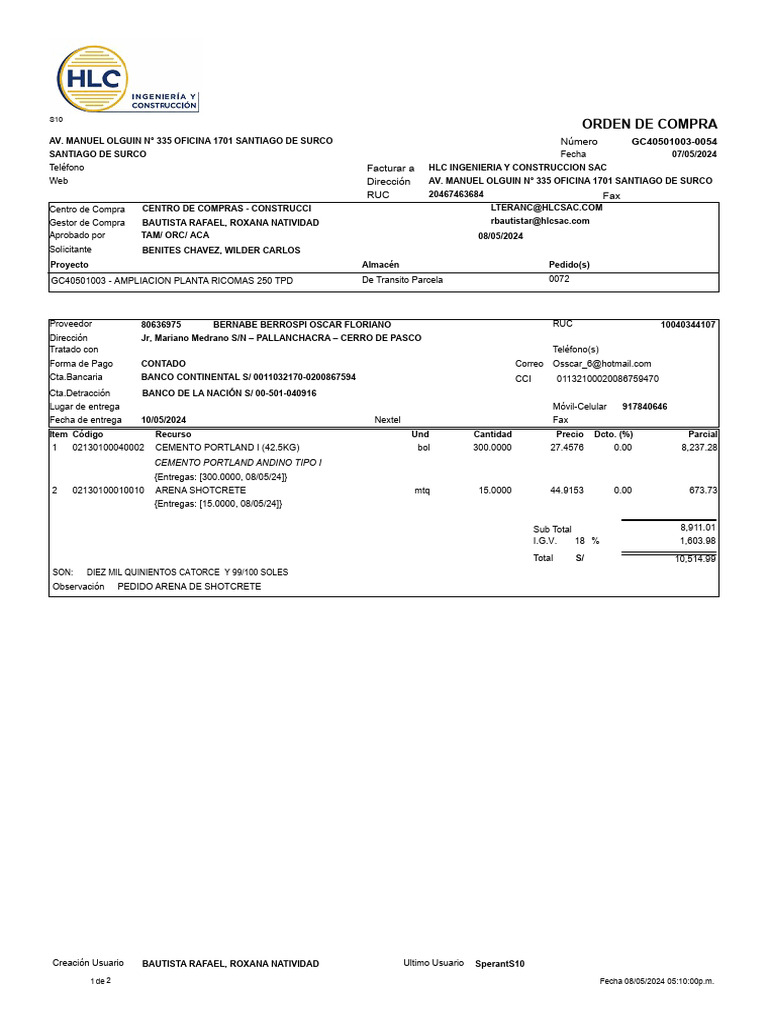 Orden de Compra HLC Ingeniería 2024 | PDF