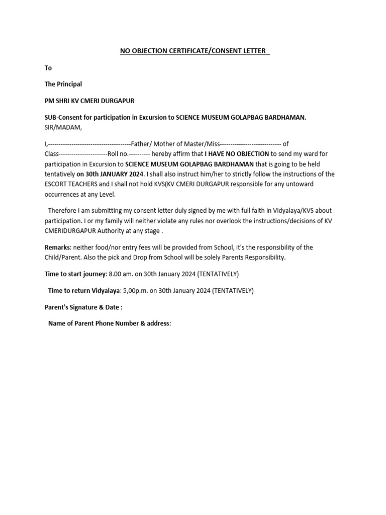 Excursion Consent Letter for Science Museum | PDF