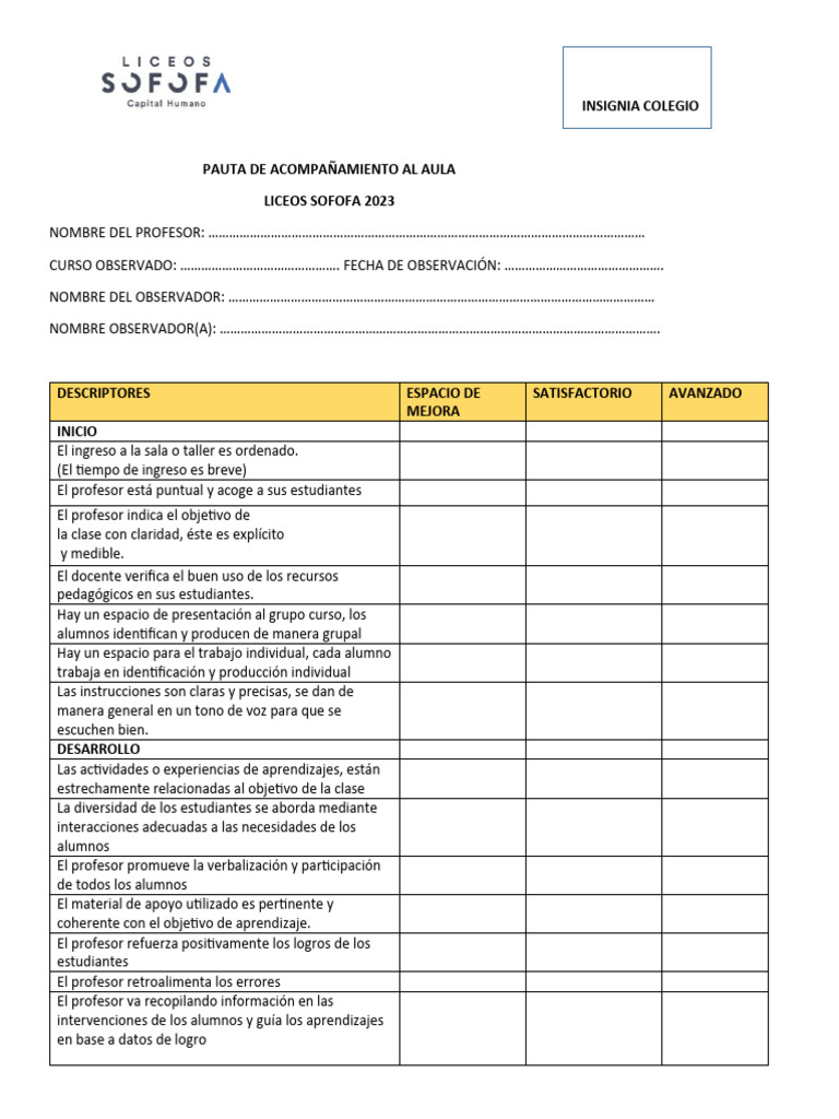 Pauta de Acompanamiento Al Aula | PDF | Maestros | Salón de clases
