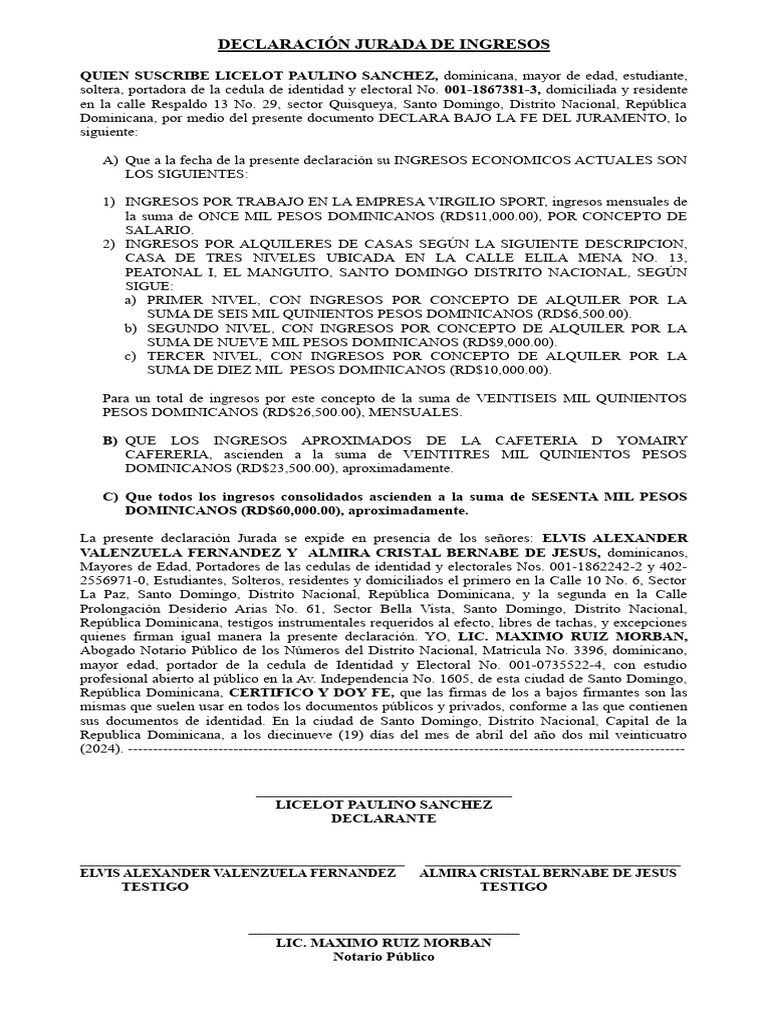 Declaración Jurada de Ingresos 2024 | PDF | República Dominicana ...