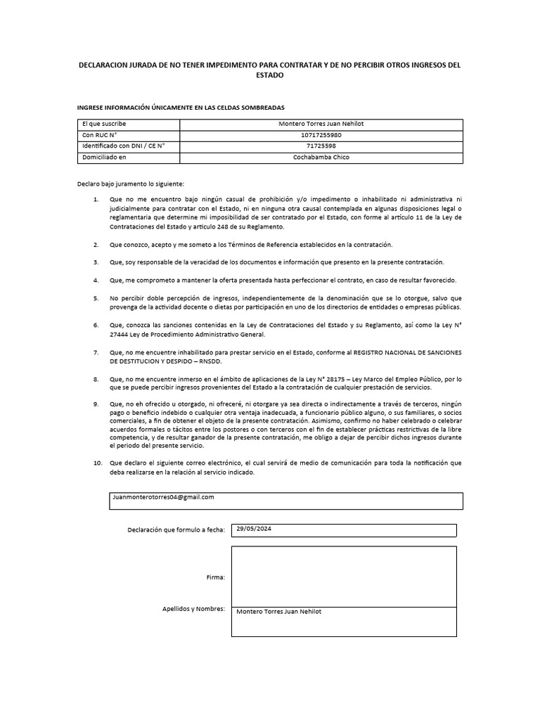 Declaracion Jurada de No Tener Inpedimentos para Contratar o Percibir ...