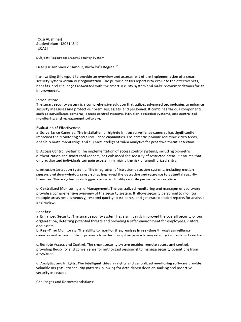Report On Smart Security System Implementation and Assessment | PDF ...