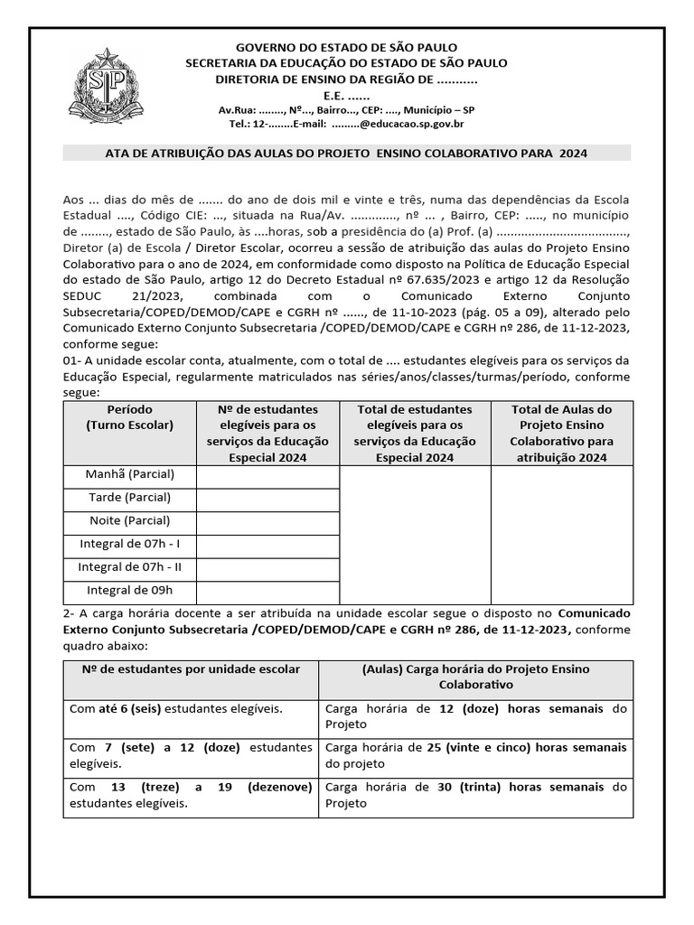 MODELO DE ATA DE ATRIBUIÇÃO - PROJETO ENSINO COLABORATIVO - 2024 ...