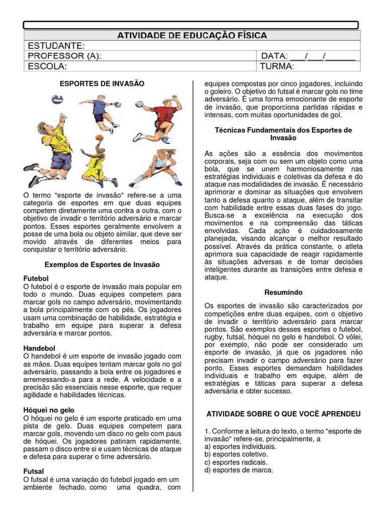 Esportes de Invasão: Definições e Exemplos | PDF | Invasão | Futebol