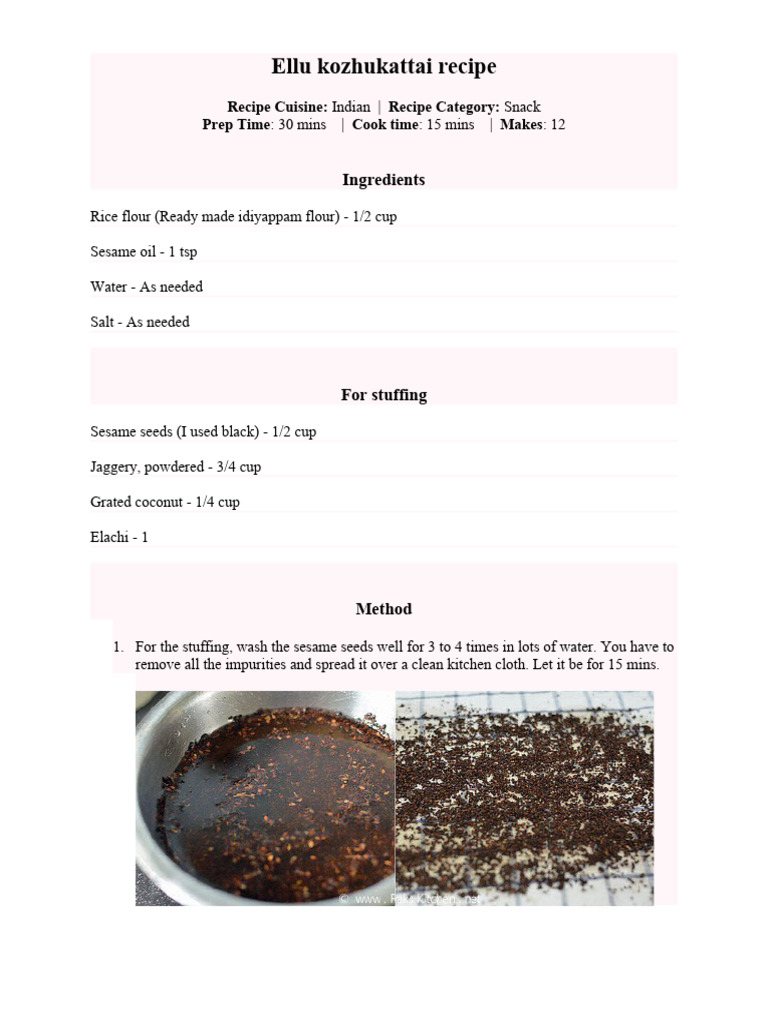 Ellu Kozhukattai Recipe | PDF | Indian Cuisine | Sesame