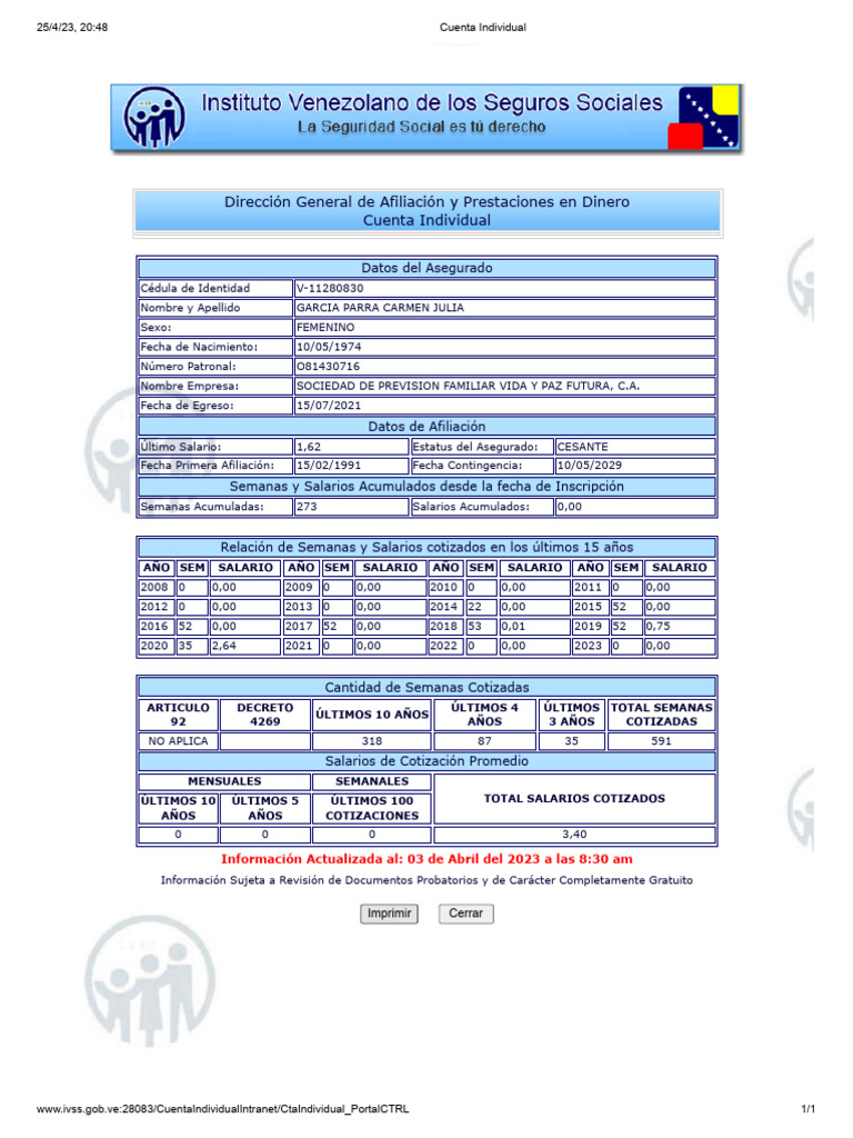 Datos de Cuenta Individual IVSS | PDF