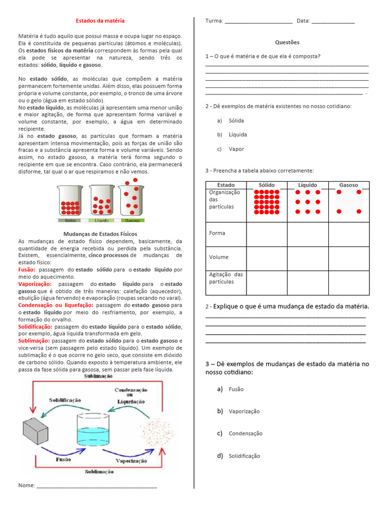 Estados Físicos da Matéria e Mudanças | PDF | Matéria | Sólido, image size:768x1024