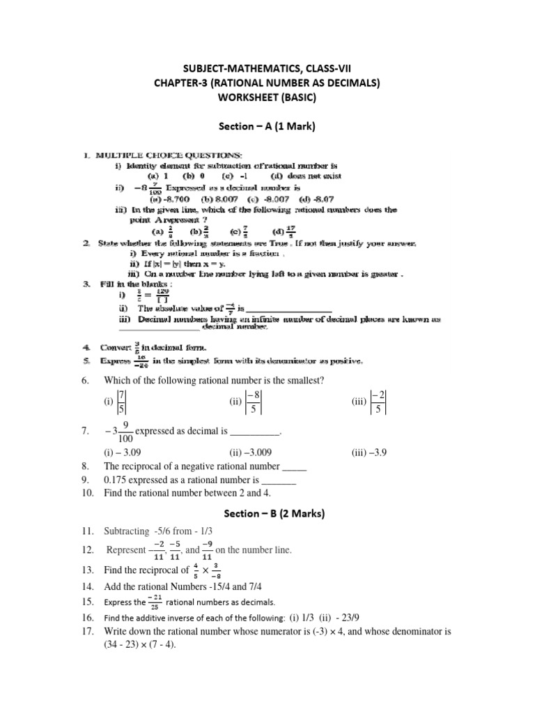 Rational number as decimals class 7th maths sheet pdf numbers