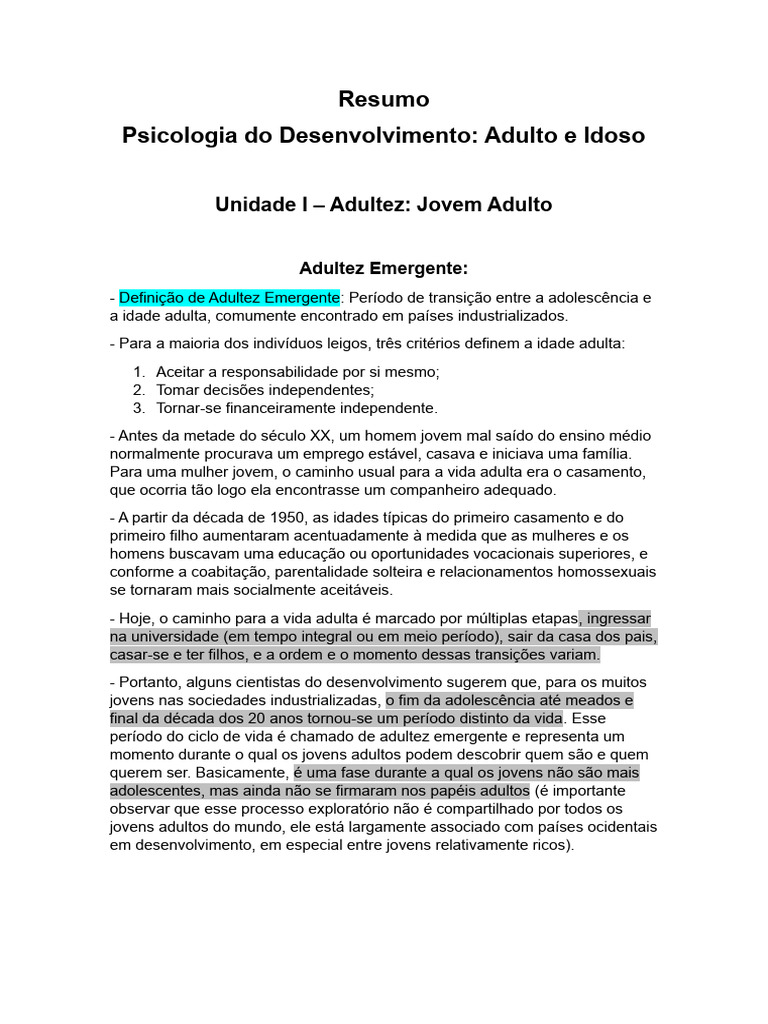 Resumo - Psicologia Do Desenvolvimento Adulto e Idoso | PDF | Depressão ...