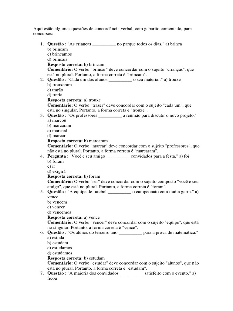 Questões de Concordância Verbal com Gabarito | PDF | Assunto (gramática ...