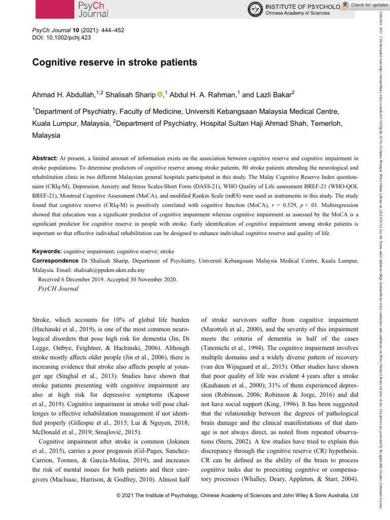 PsyCh Journal - 2021 - Abdullah - Cognitive Reserve in Stroke Patients ...