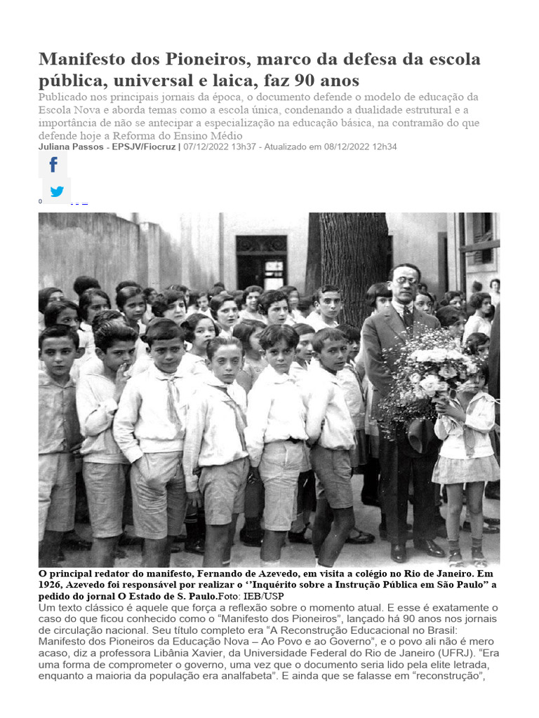 Manifesto dos Pioneiros: 90 Anos de Educação Pública | PDF | Ciências ...