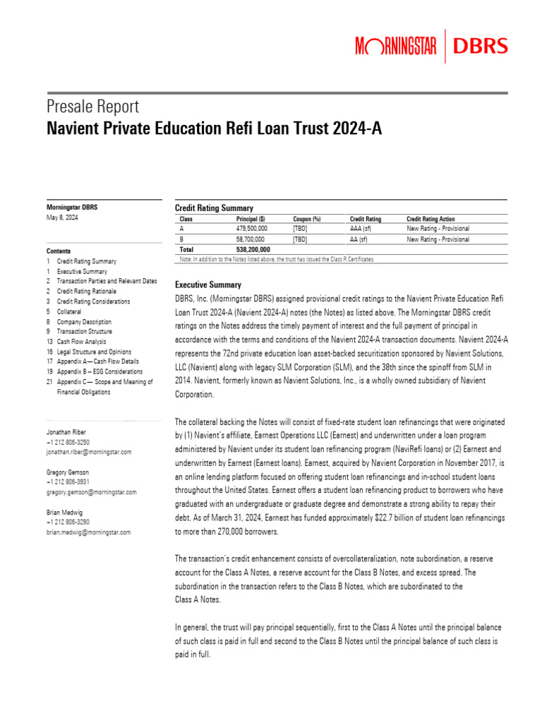 Presale Report: Navient Private Education Refi Loan Trust 2024-A | PDF ...