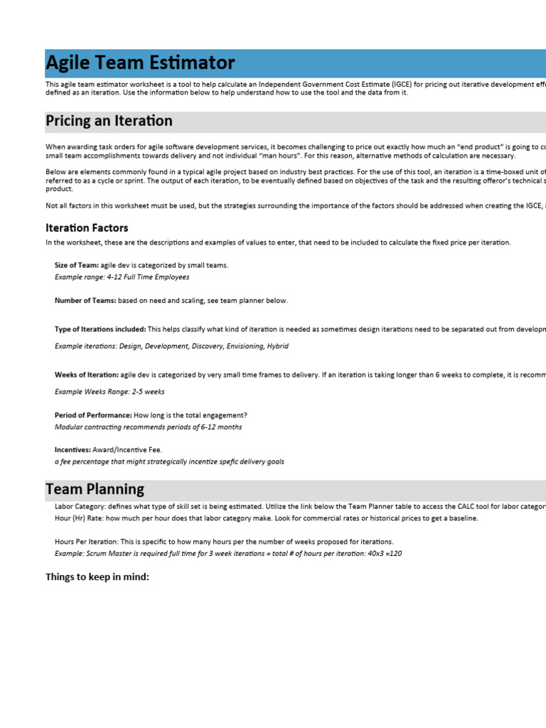 Template IGCE Agile Team Estimator PDF Agile Software Development