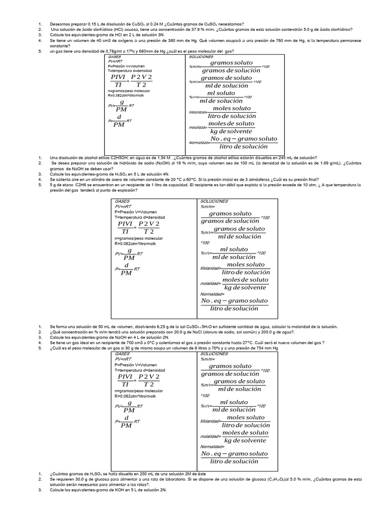 Cálculos de Soluciones y Gases Químicos | PDF | Gases | Mole (Unidad)