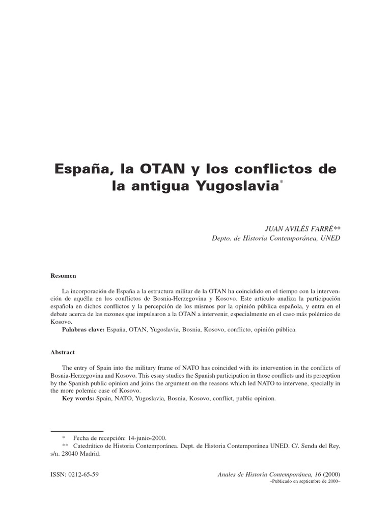 España, La OTAN y Los Conflictos de La Antigua Yugoslavia, de Juan