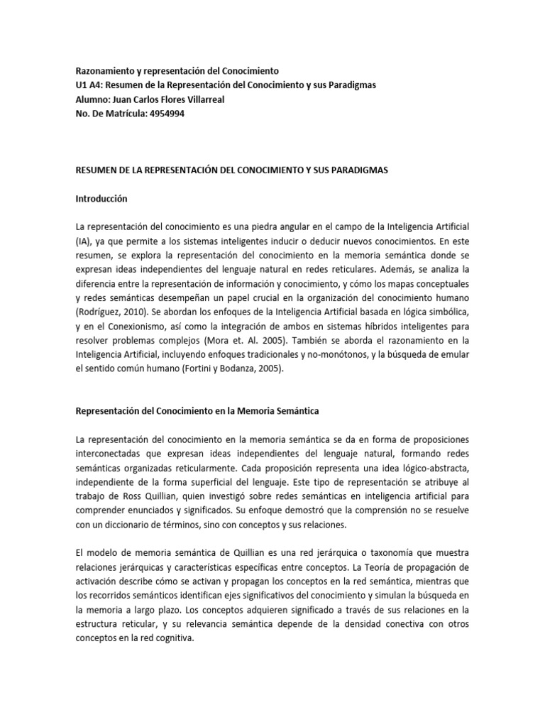 U1A4 Resumen de La Representación Del Conocimiento y Sus Paradigmas ...