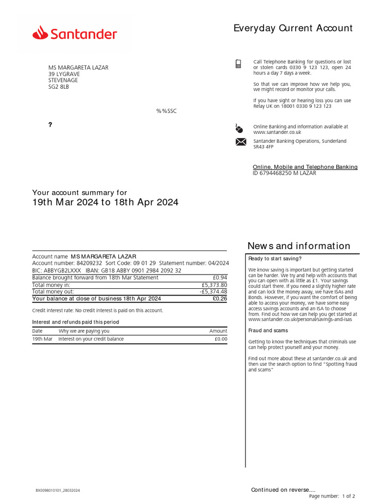 Santander Account Statement Summary | PDF | Overdraft | Payments
