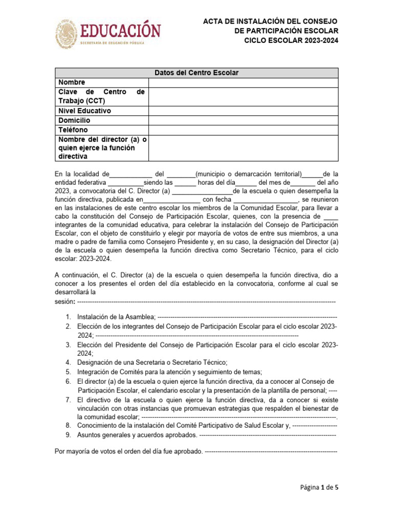 Acta de Instalación Consejo Escolar 2023-2024 | PDF | Gobierno