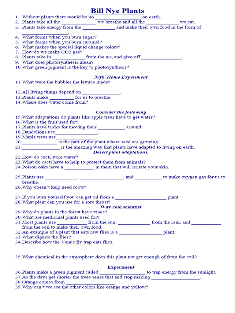 bill nye plants movie sheet PDF Plants Trees
