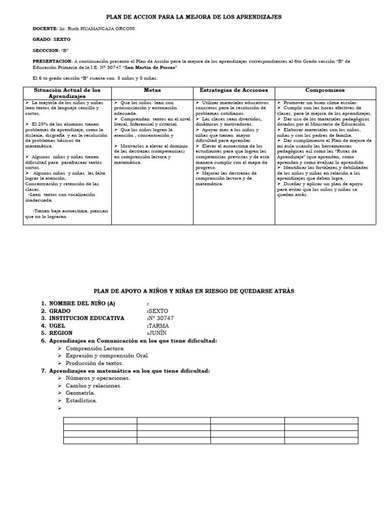Plan de Accion para La Mejora de Los Aprendizajes | PDF | Educación ...