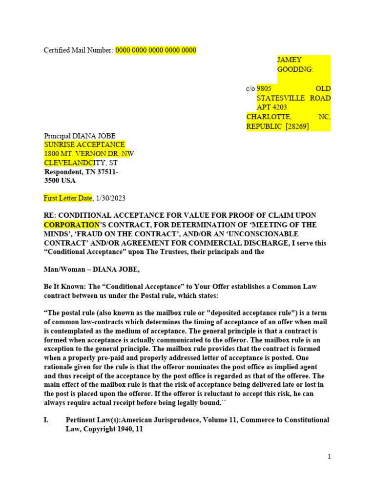 Conditional Acceptance for Value Letter | PDF | Negotiable Instrument ...