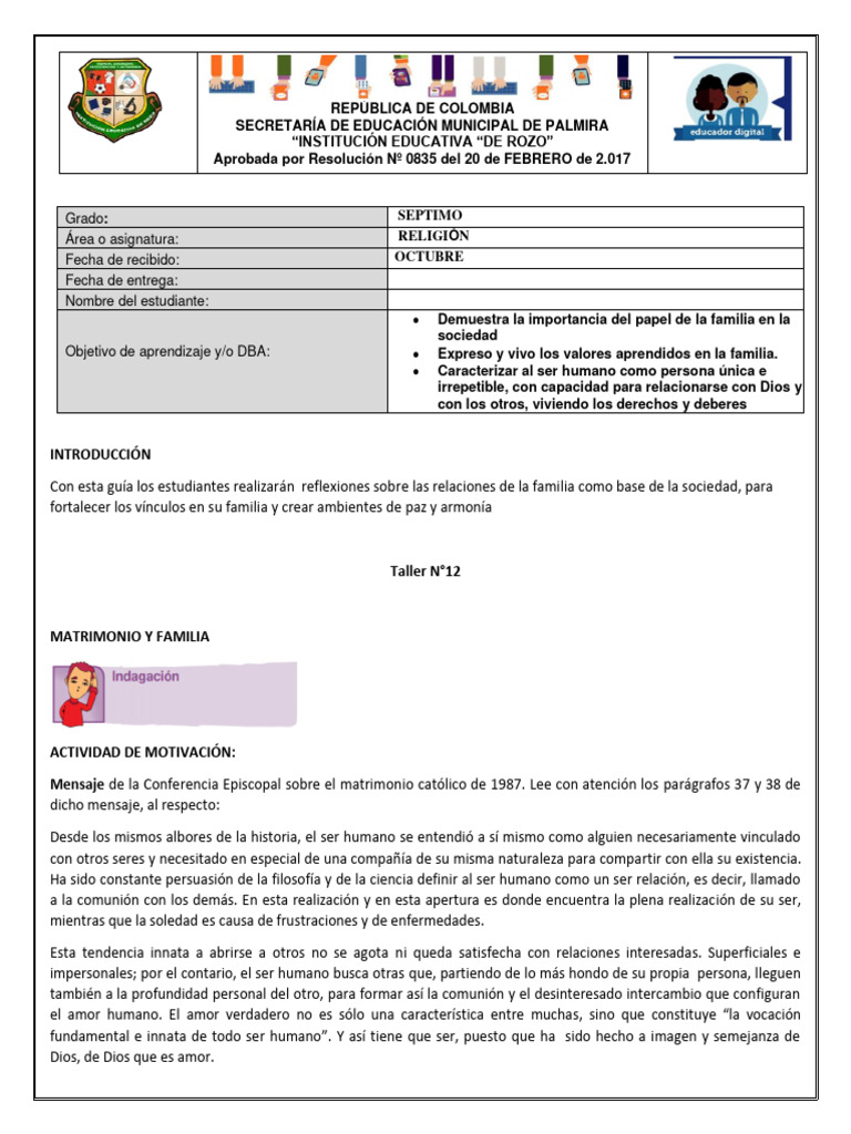 Guia de Aprendizaje Grado 7 Religion Octubre | PDF | Familia | Amor