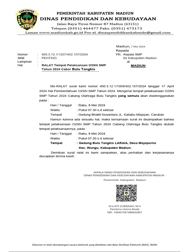Ralat Tempat O2SN SMP Bulu Tangkis 2024 | PDF