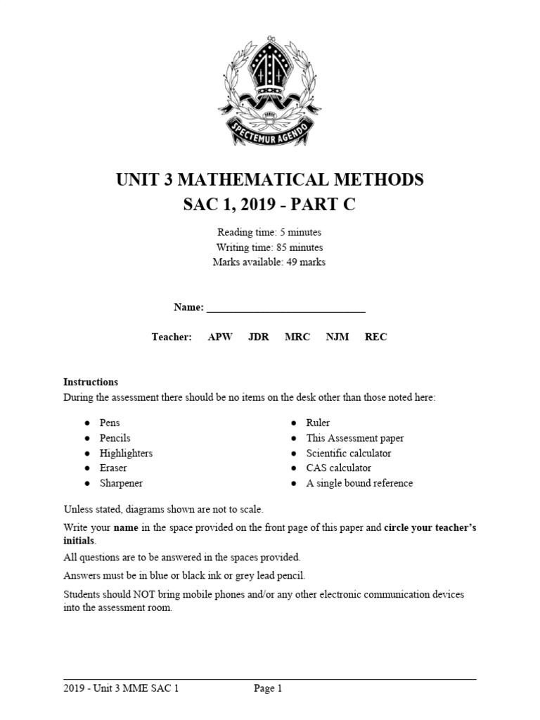 Unit 3 Mathematical Methods SAC 1 Guide | PDF | Function (Mathematics ...