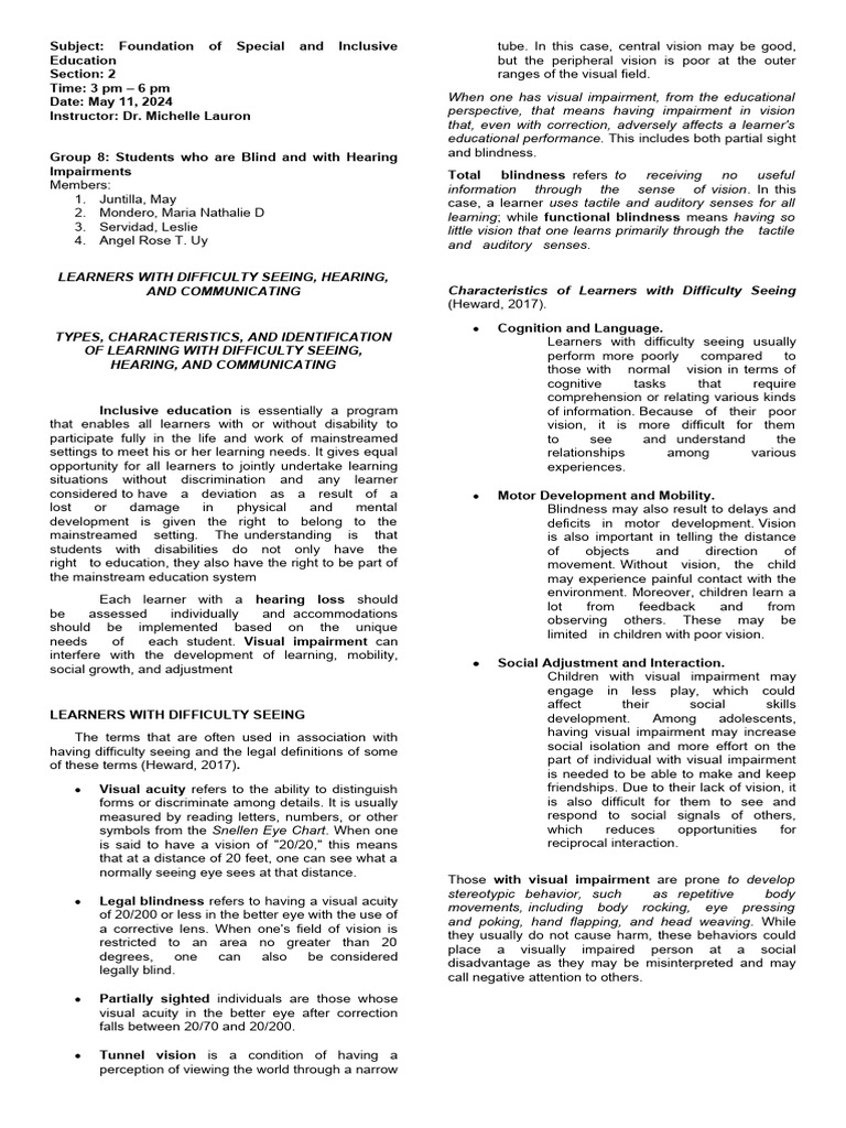 Special Education for Visual and Hearing Impairments | PDF | Hearing ...